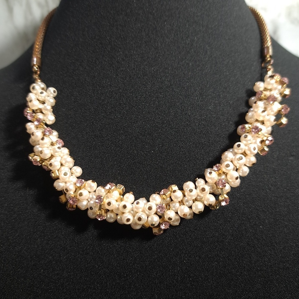Women's Necklace Pink & Bronze Faux Pearl Rhinestone Size 9.5 Inches